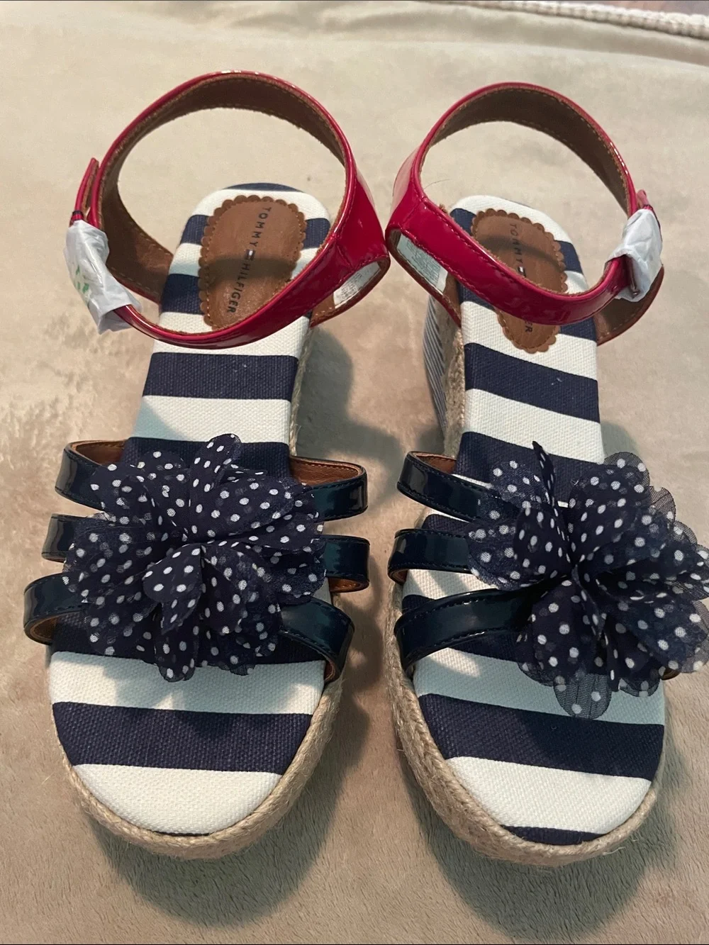 Tommy Hilfiger Navy & White Striped Sandals with Pink Ankle Straps